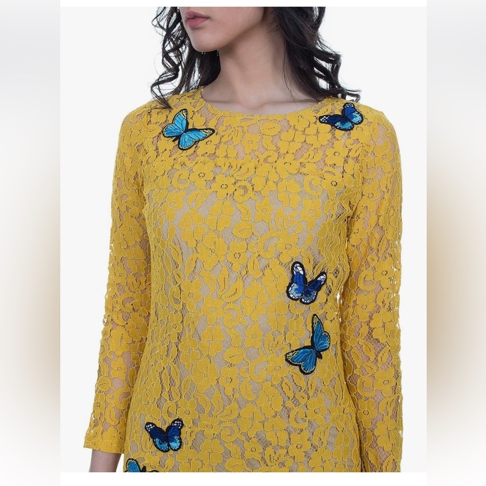 Fairchild Yellow Lace Dress with Blue Butterflies